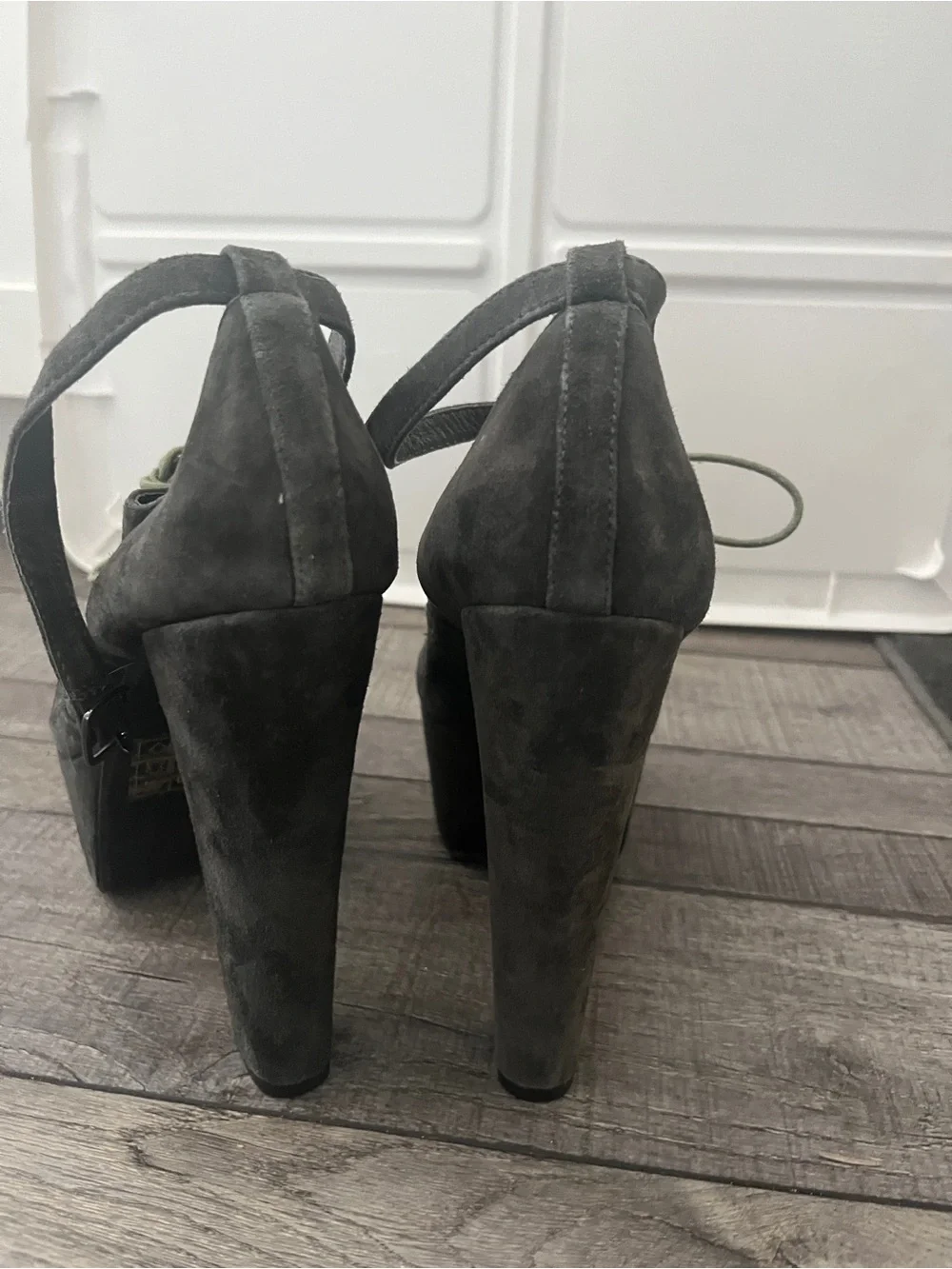 Farylrobin Charcoal Gray Suede Platform Lace-Up Heels